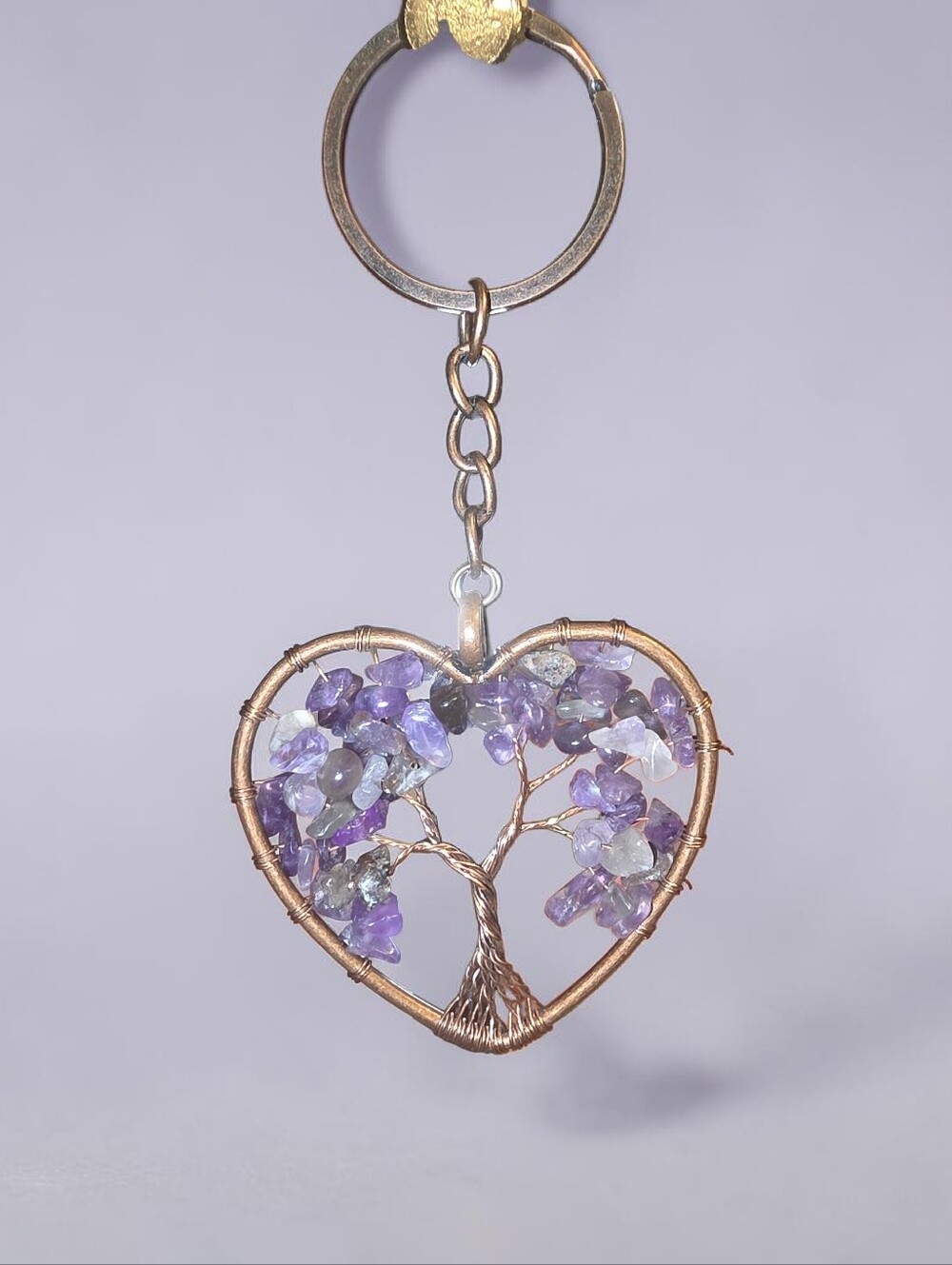 Amethyst Tree of Life Heart Keychain - Purple Crystal Accent